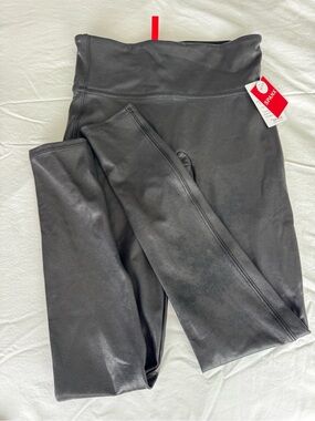 SPANX Black Faux Leather Leggings with Red Branded Tag